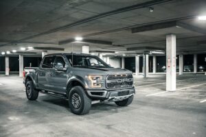 Image of a clean Ford truck in a parking garage